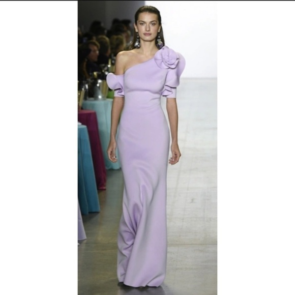 Badgley Mischka Lilac Scuba Flower Ruffle One Shoukder Gown Dress - Picture 1 of 8